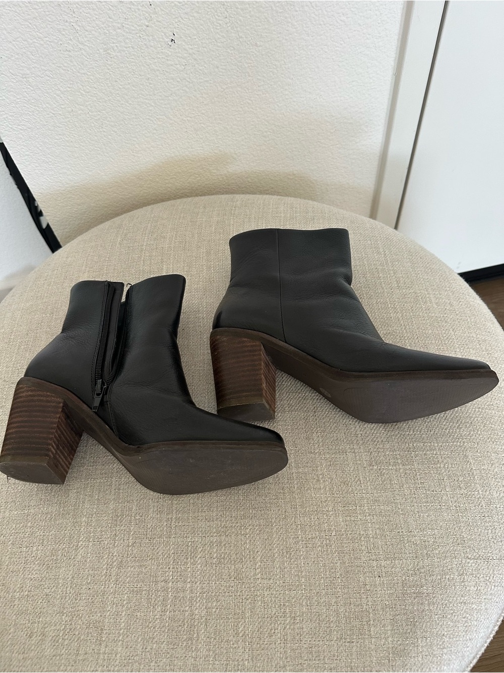 Lucky Brand Black Leather Ankle Booties with Stacked Wood Heel